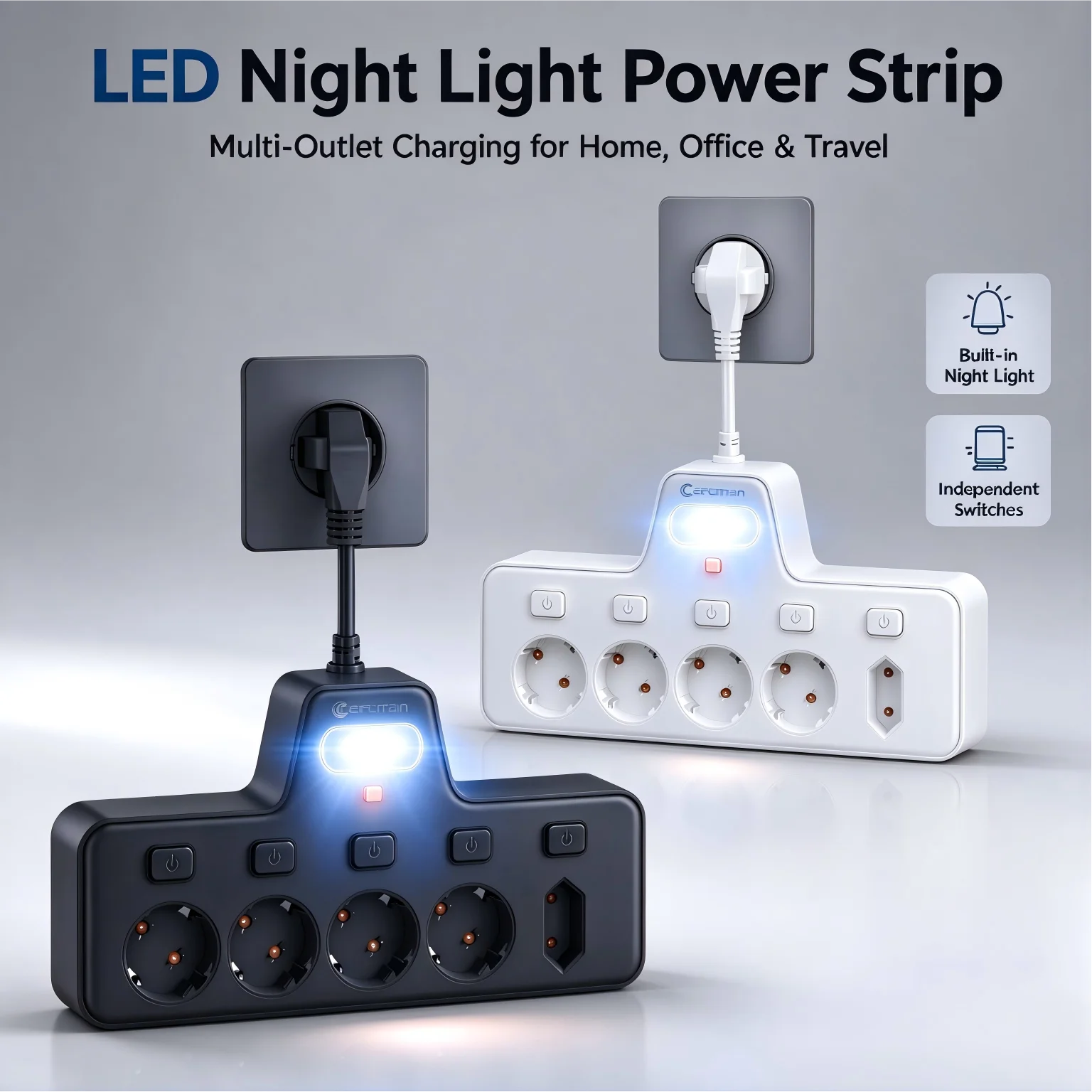 2500W EU AC Socket Extender Wall Power Strip With USB Ports Short Cord Individual Switches Overload Protection LED Lighting