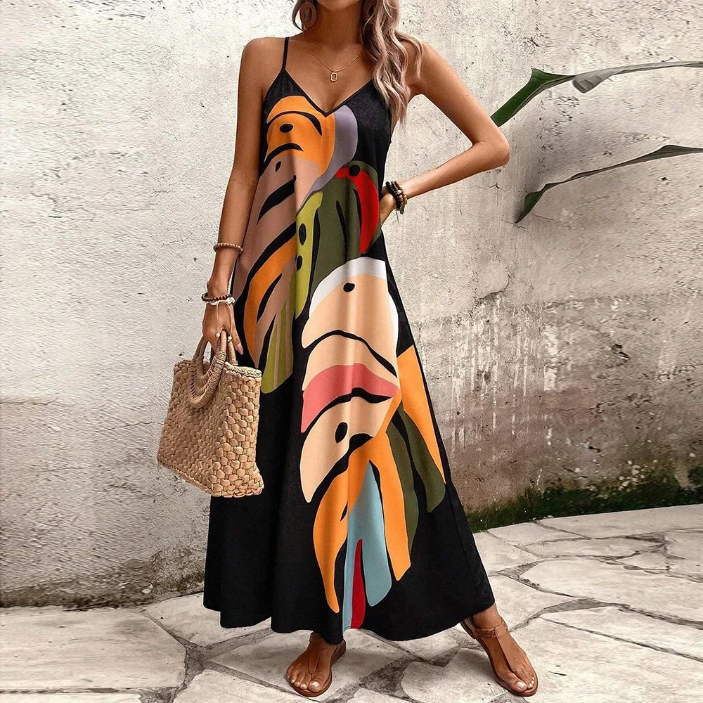 Boho da donna stampato floreale con scollo a V spaghetti canotta maxi abito estivo da donna senza maniche spiaggia vacanza vestito estivo taglia S-2XL