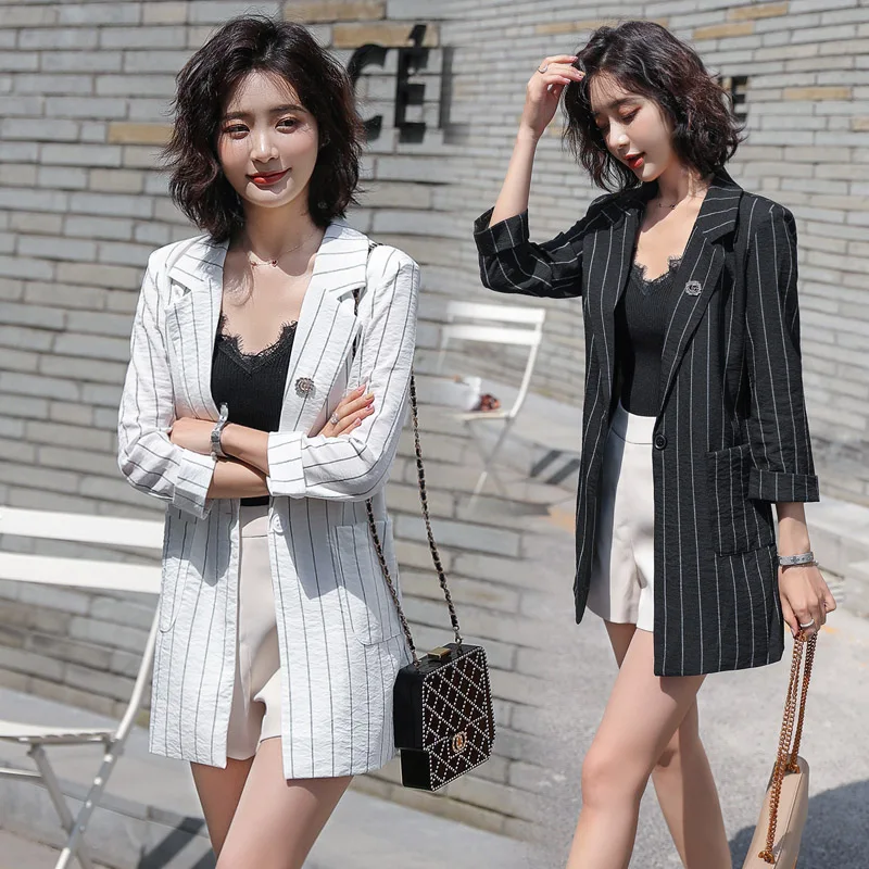 Chic Cotton Linen Seven-Quarter Sve Damen Slim Fit Gestreifter dünner Western-Sle-Mantel Pendeln Sle Button Ket