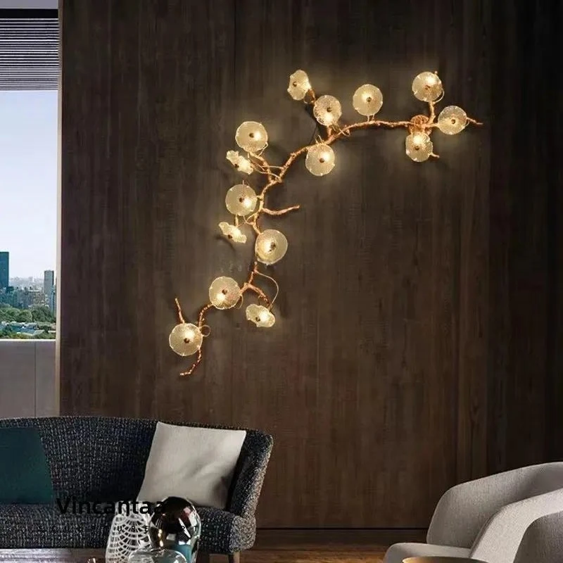 Modern Full Brass Wall Art Decorative Sculpture Indoor Hotel Lotus Leaf Metal LED Wall Art Sculpture