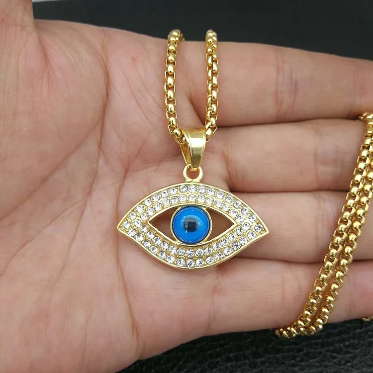 316L Stainless Steel Men iced out blue eye of God pendant necklaces with zircon fashion long chain hip hop men jewelry