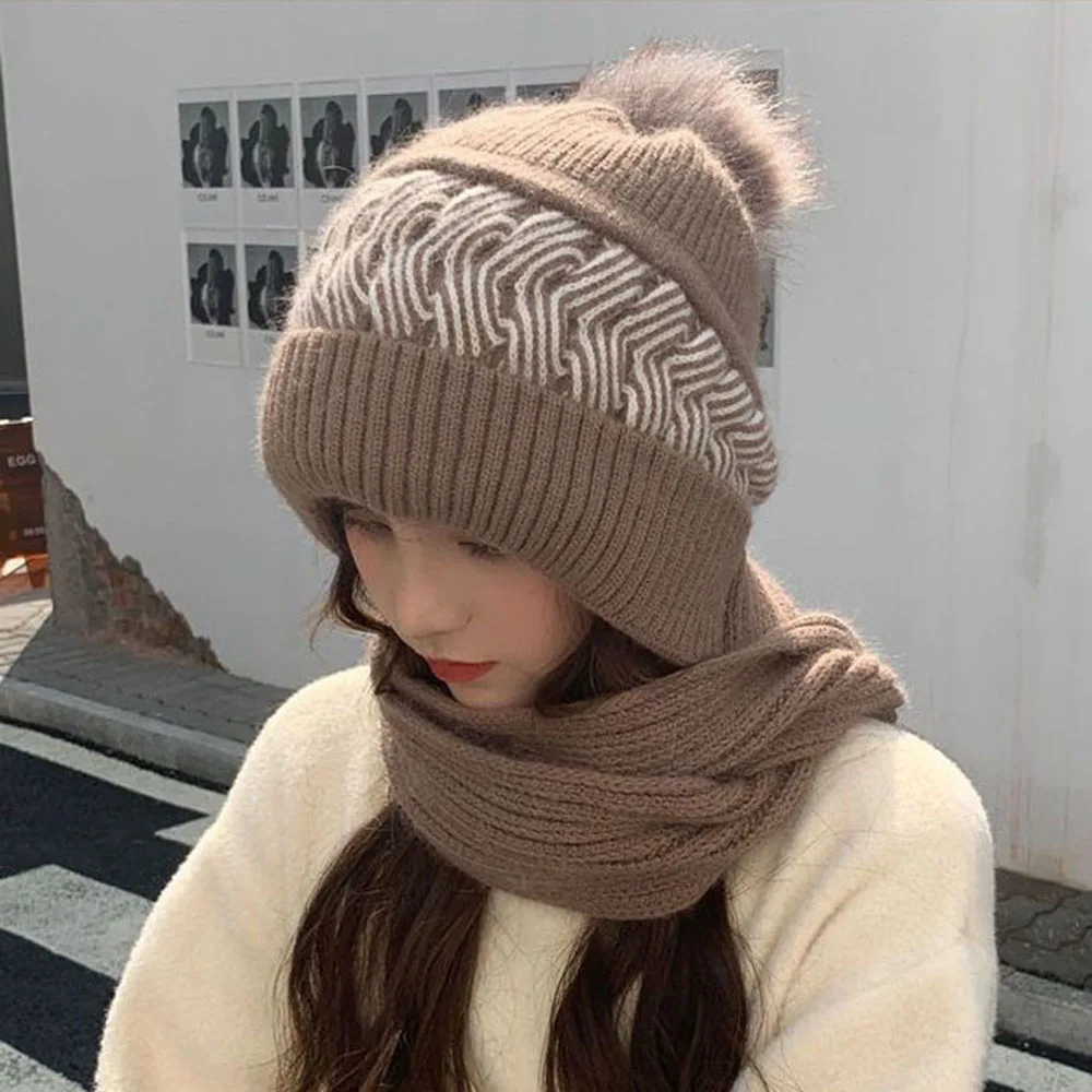 Set New Winter Knitted Cap Woolen Neck Cap Hat Scarf Ear Protection Padded All-in-one Warm Beanies Cute Winter Cold-proof Female