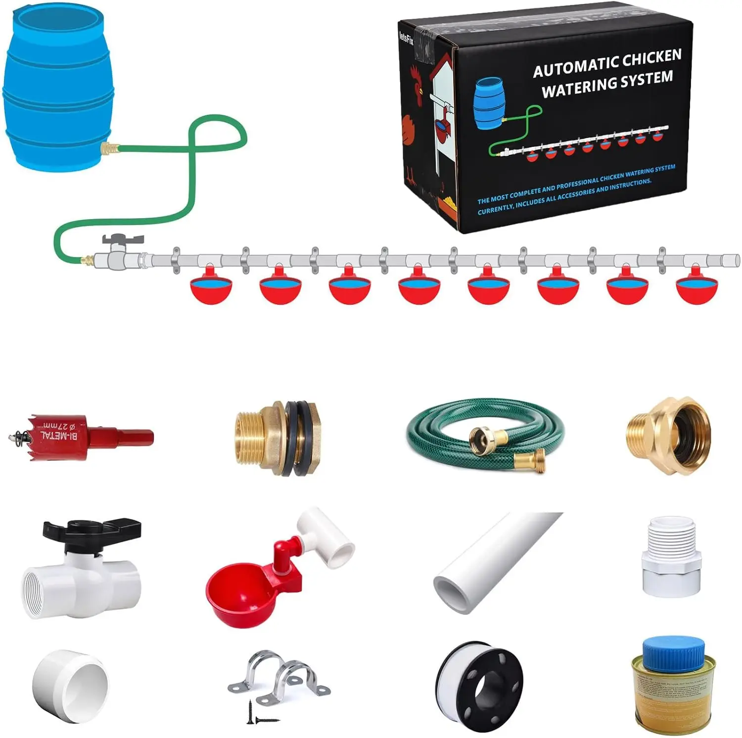 

Полный комплект автоматической системы полива для кур из ПВХ с фитингами 1/2 дюйма и соединителями для шлангов