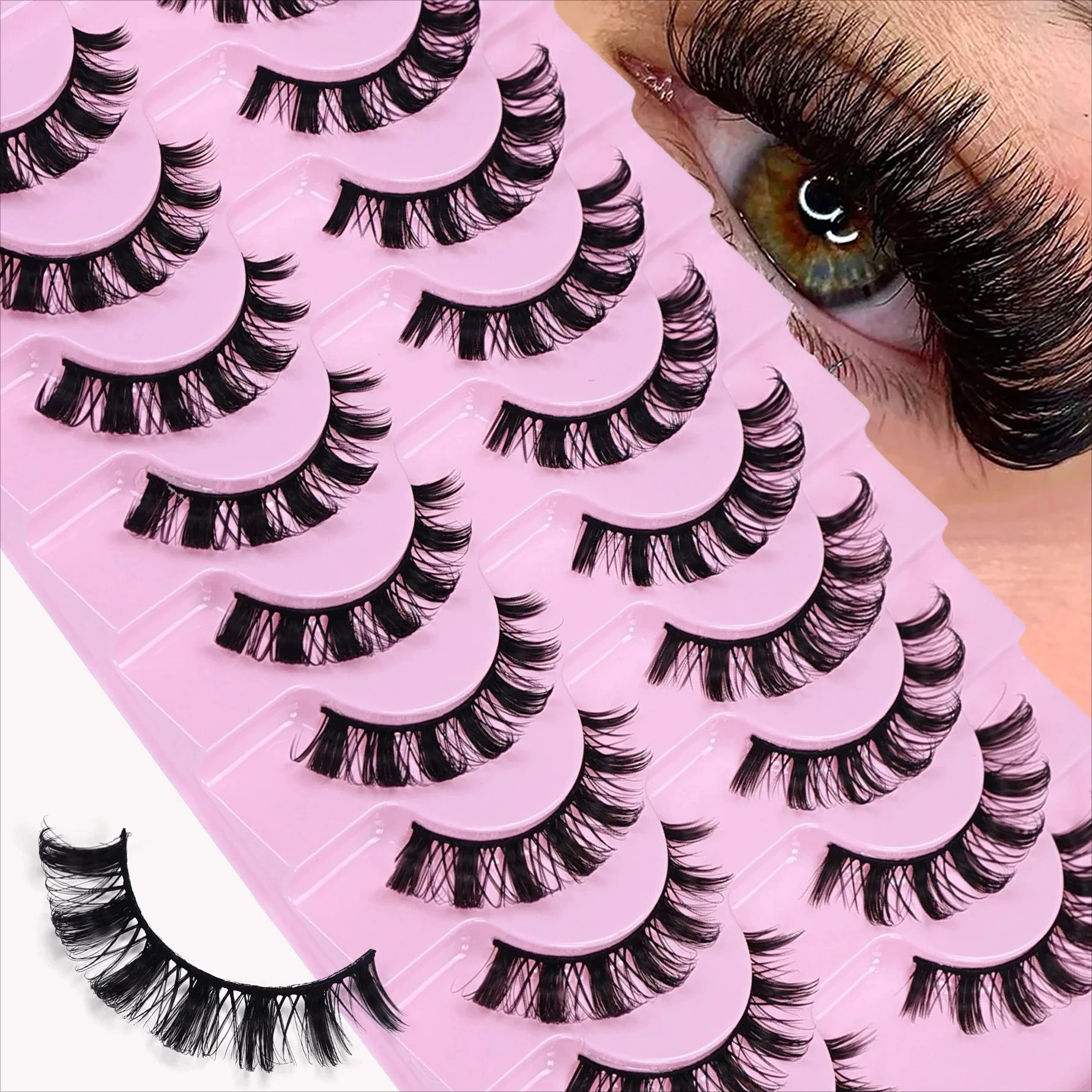 10 Pairs Russian Strip Lashes D Curl Thick Fluffy Natural Look 3D Effect Wispy Fake Eyelashes