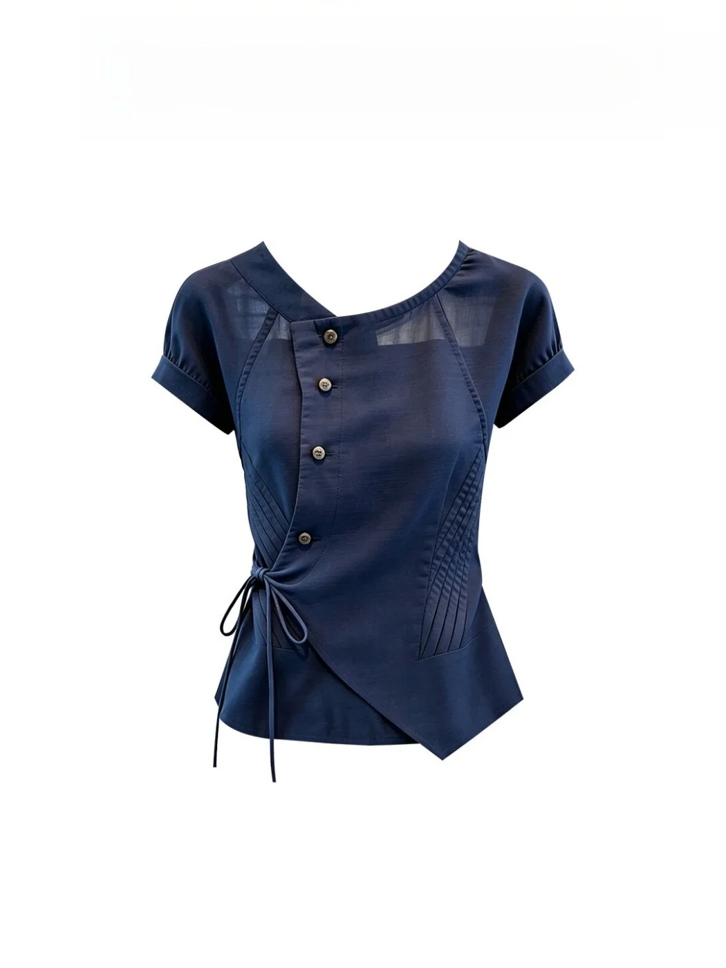 

Slimming Commute Shirt Women's Short Sleeve Asymmetrical Versatile Stylish Korean Style Belted round Neck Mid-Length Top