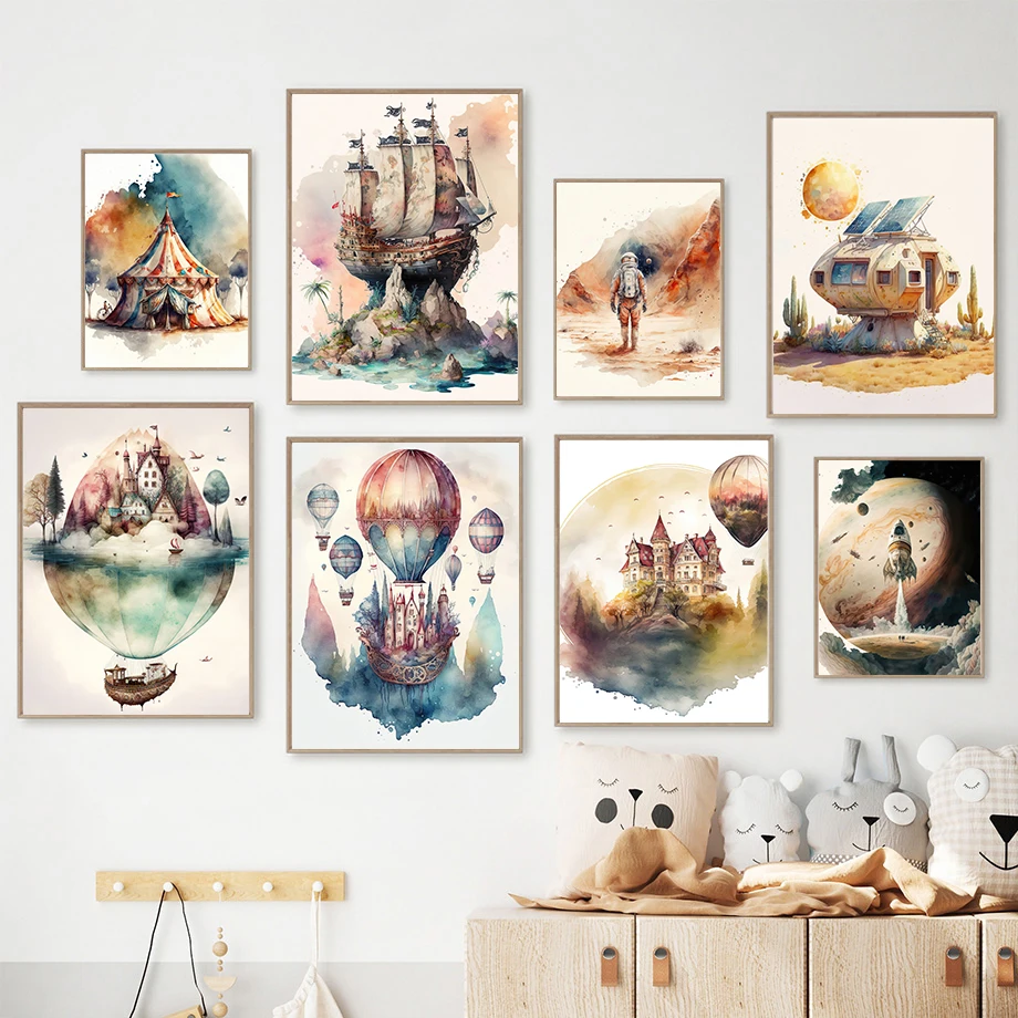 Spaceship Balloon House Robot Aeroplane Coloured Drawing Fashion Wall Art Canvas Painting Nordic Poster Children's Room Decor