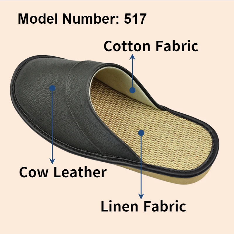 Genuine Cow Leather Linen Slippers Homes in indoor slipper Spring Autumn men women elderly non-slip casual single Slides shoes