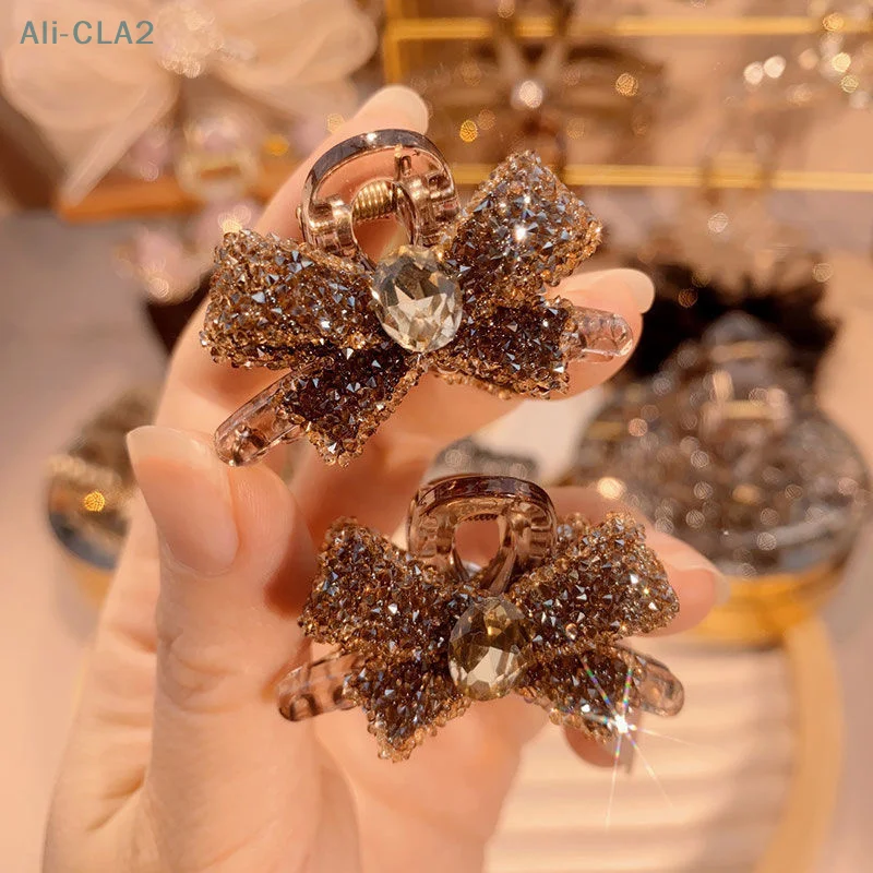 2Pcs Light Luxury Full Diamond Bow Small Shark Clips Cute Traceless Hair Accessories For Women Girls Temperament Hair Claw