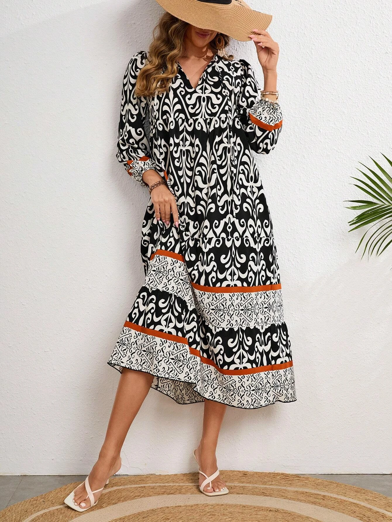 فستان نسائي بأكمام فانوس مطبوع للخريف والشتاء #1