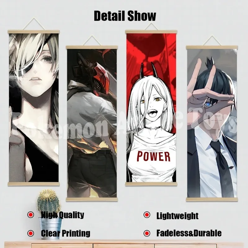 Chainsaw Man Anime Poster Wooden-framed Scroll Painting HD Quality Wall Art Retro Posters for Home Room Wall Decor