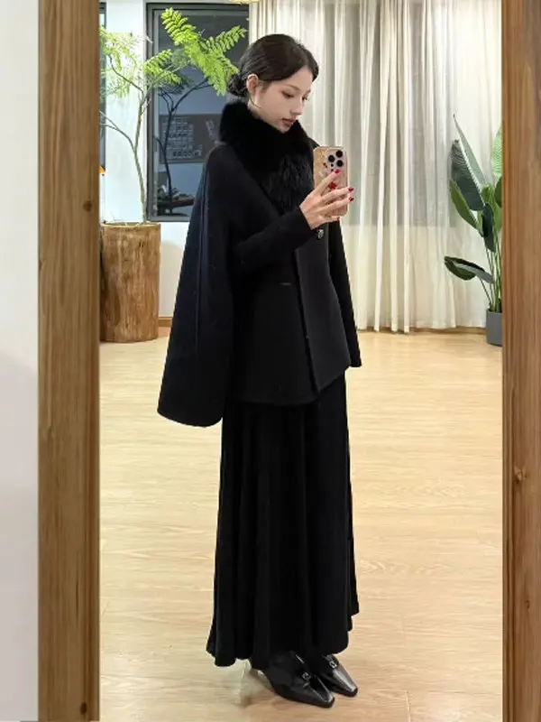 

Hebden Sle Double-Sided Woolen Coat Ele Faionable Cowl Ne Long Sve Women's Winter Outerwear Clean Simple Design