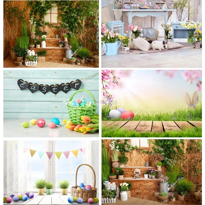 

SHUOZHIKE Spring Easter Photography Backdrop Rabbit Flowers Eggs Wood Board Photo Background Studio Props FH-01