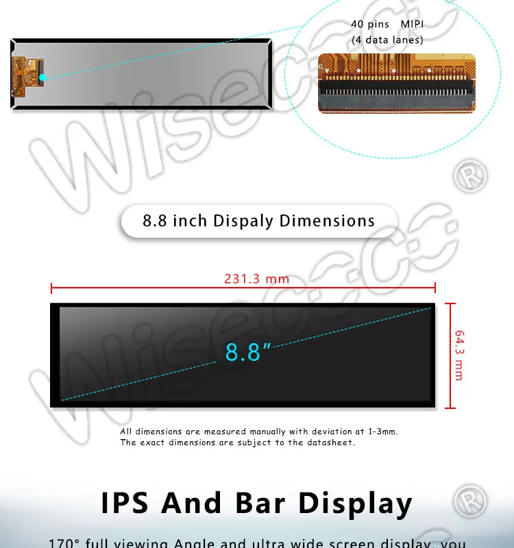 Wisecoco 8,8 inch IPS 1920x480 scherm LCD-scherm Car Bar uitgerekt LCD-scherm MIPI 600 helderheid HSD088IPW1-A00 paneel
