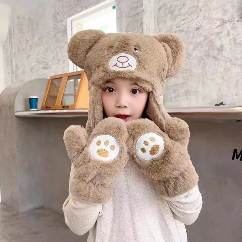 Cute Cartoon Bears Boys and Girls Kids Hat Gloves Two-piece Set Winter Plush Warm Ear Protector Head Hat