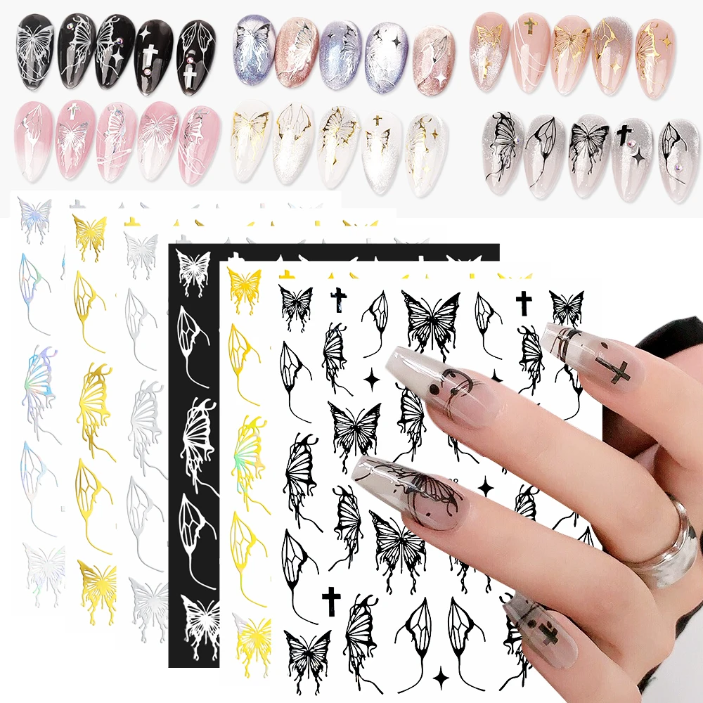 1pc adesivo per unghie farfalla bianca nera Y2K abbronzante oro argento farfalla adesivo decalcomanie cursori per nail art decorazione manicure