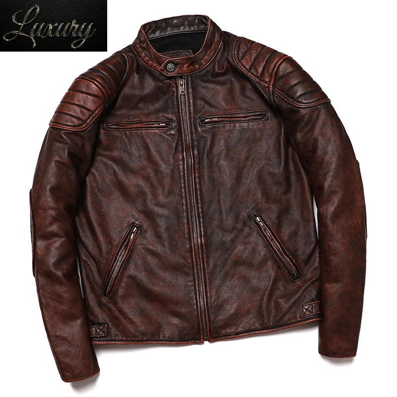 

Free Shipping 2024 New Brown Vintage Style Genuine Leather Jacket Men's Cowhide Motorcycle Biker Coat Slim Fashion Clothing