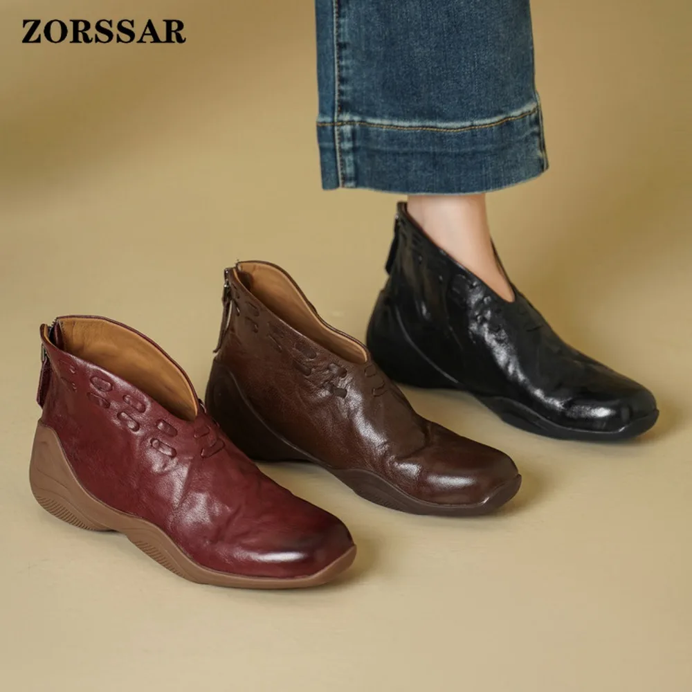 2026 New Handmade Genuine Leather Short Boots Flat Shoes Winter Women's Warm Round Toe Side Zipper Casual Woman Single Shoes