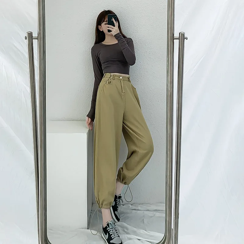 Calças jeans de cintura alta para mulheres, calça cargo feminina, preta khaki, moda urbana, loose, com faixa larga no tornozelo