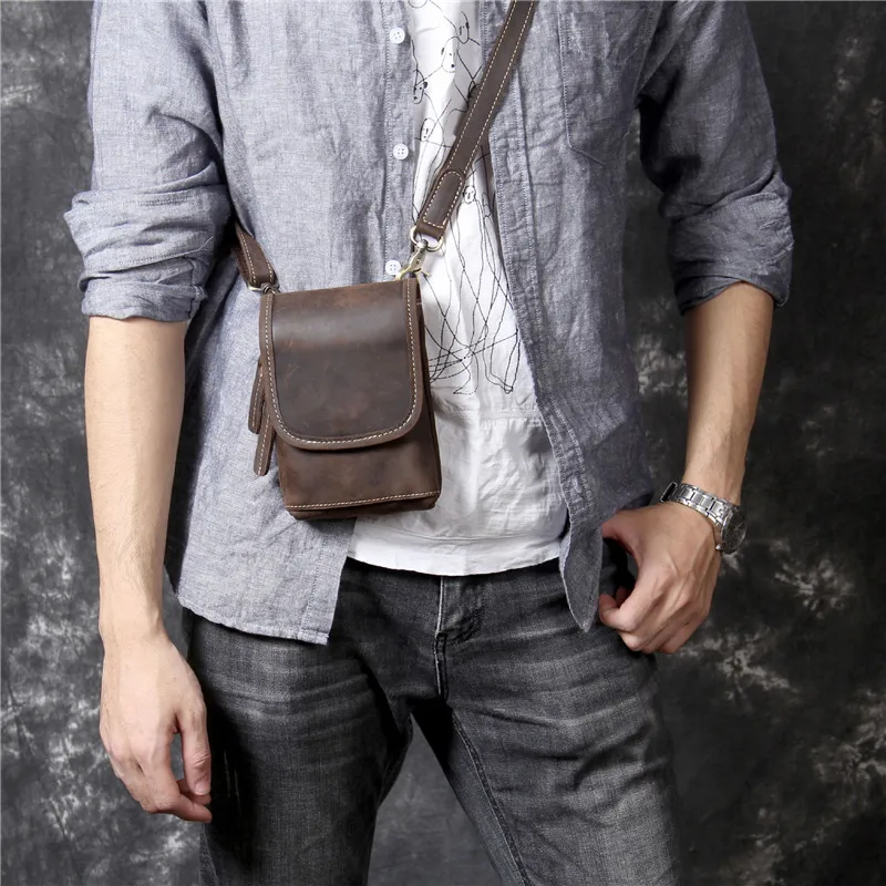 Bolso de mensajero de cuero genuino de Caballo Loco simple para hombres, bolso de hombro pequeño, bolso de cinturón de teléfono, cuero genuino,