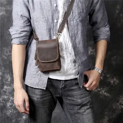 Sac messager en cuir véritable pour homme, sac à bandoulière décontracté, sac de ceinture pour téléphone, sac de cheval fou, simple, vintage, haute qualité