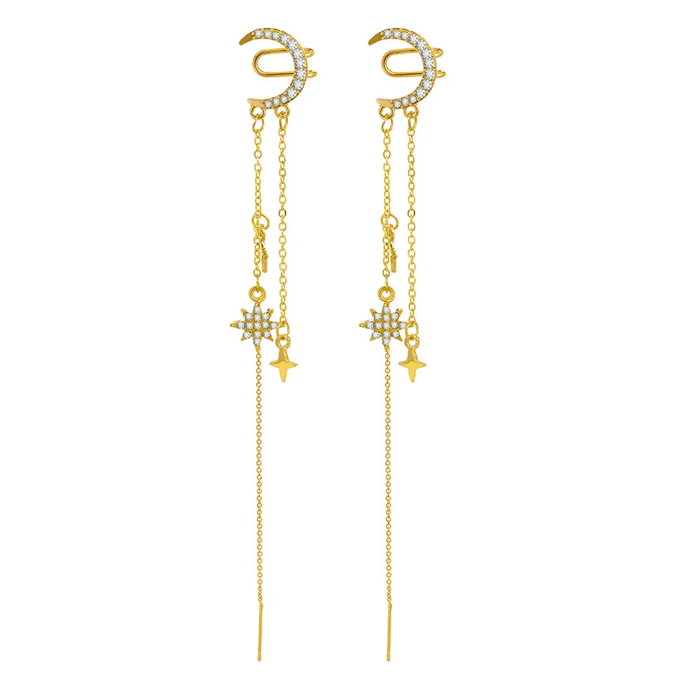 

Tassel Ear Chunky Cuff Earrings Clip on Cartilage Non Piercing Golden Earrings For Women Moon Star