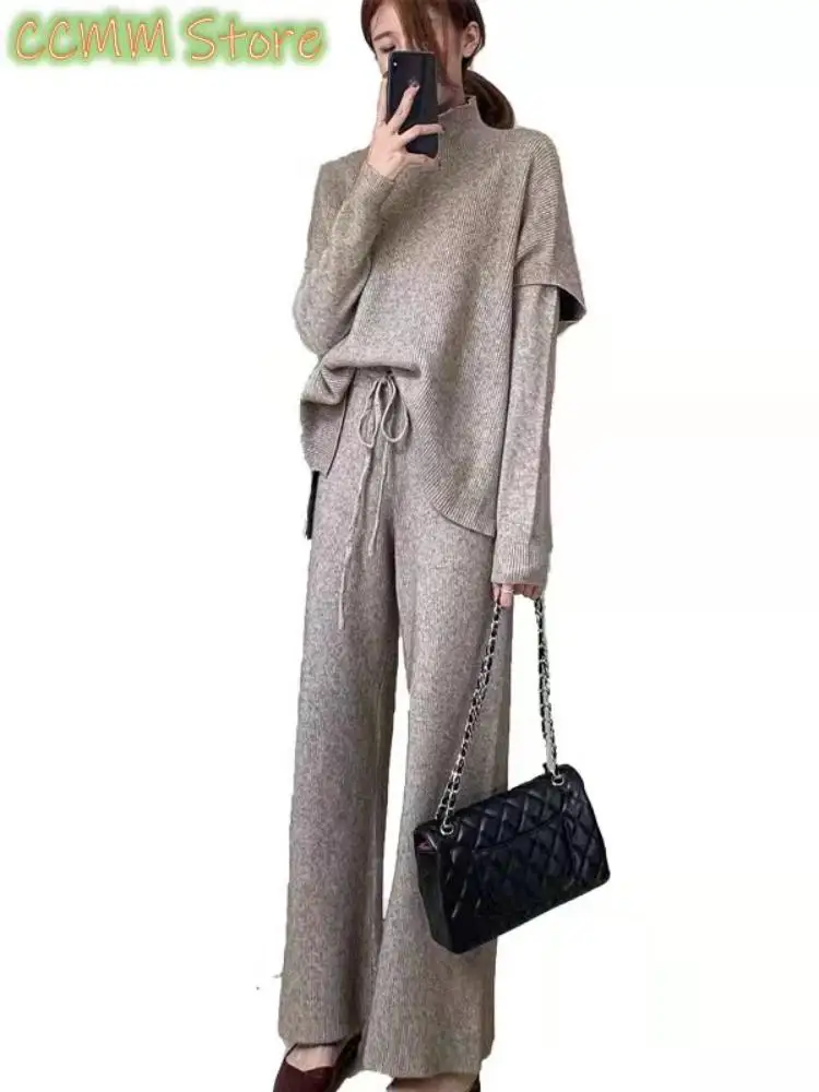 New Wool Blend Suit Women'sAutumn and Winter Two-Piece Suit Knitted Wide-LegPants Half CollarTop Vest Outer WearThree-Piece Suit