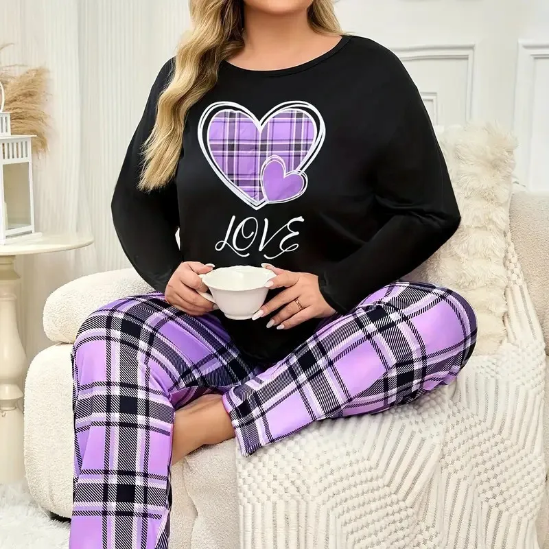 Fashionable Plus Size Women's Heart Print Pajama Set Long Sleeve Tops And Soft Elastic Pants Perfect For Summer Loungewear Pjs