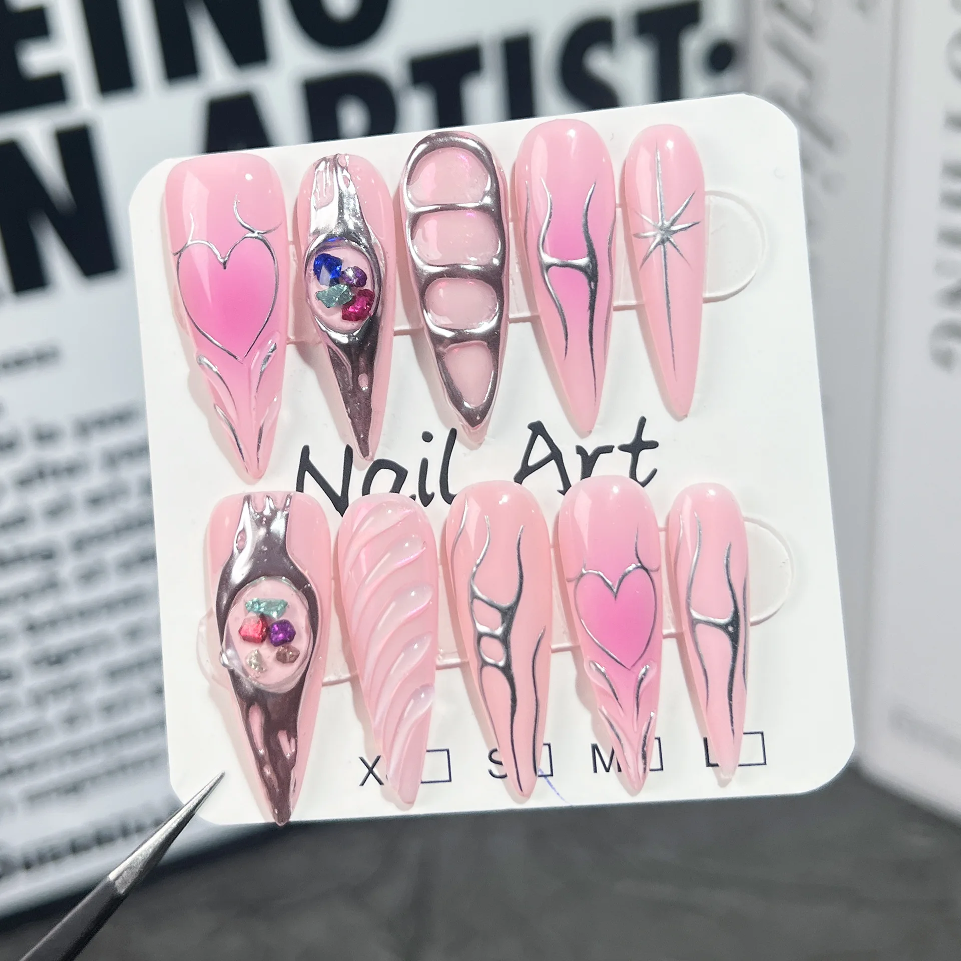 

Pink Sweetheart Press On Nails With Silver Lines Gem Decor Multiple Sizes Silver Art Lines Heart Gem Design For Daily Finish