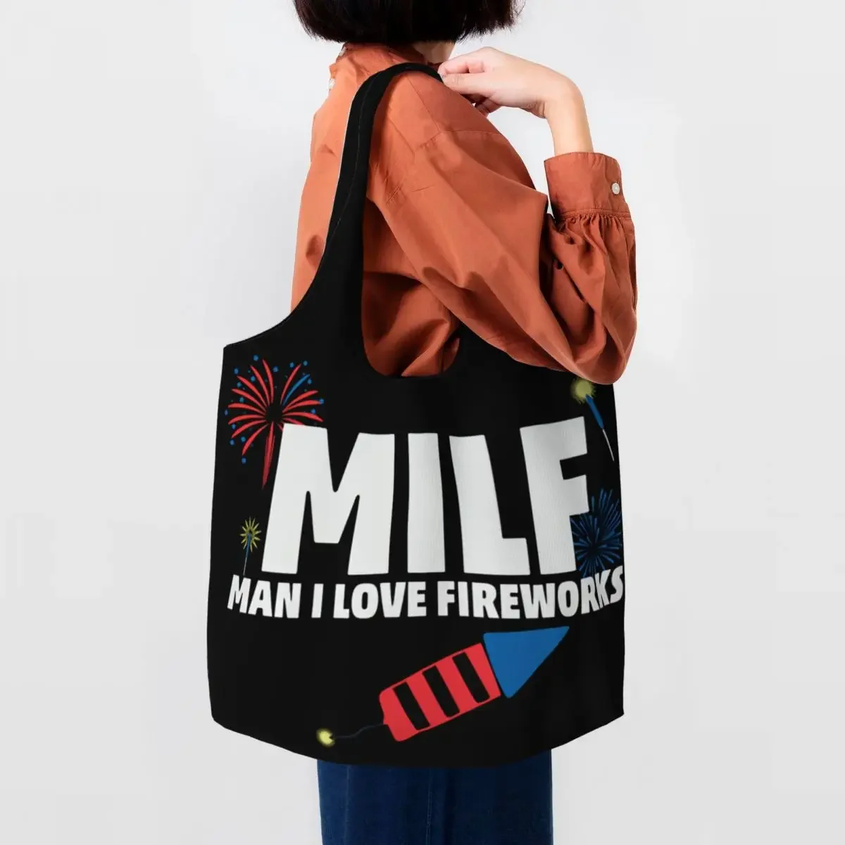 

Milf Man I Love Fireworks, продуктовые сумки для покупок, холщовые сумки-тоут с принтом на заказ, большая вместительная портативная сумка
