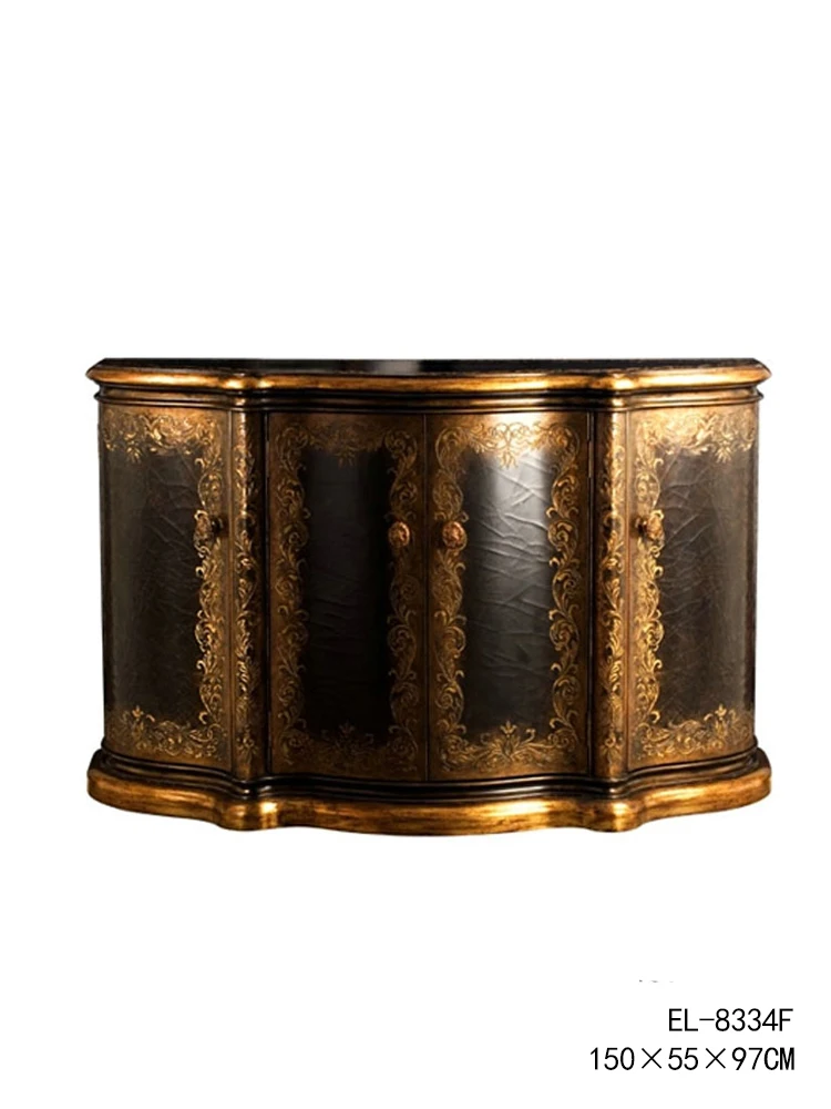 French Retro Hand-Painted 1.5 M Black Color & Pleats Golden Painting Solid Wood Entrance Cabinet