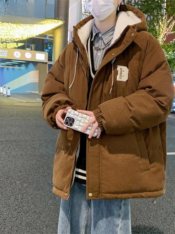 

Men's Cotton Jacket Lamb Velvet Fleece Lined Hooded Warmth Outerwear Trendy down Cotton Coat Thick Casual Long Zipper