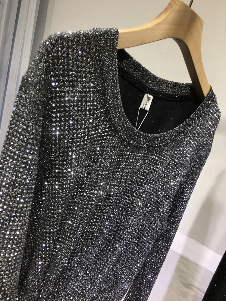 Hot Drilling Silver Shiny Crystal Bottoming Shirt Women Round Neck Loose Long Sleeve T-Shirt Top 2023 New Spring Summer Clothes