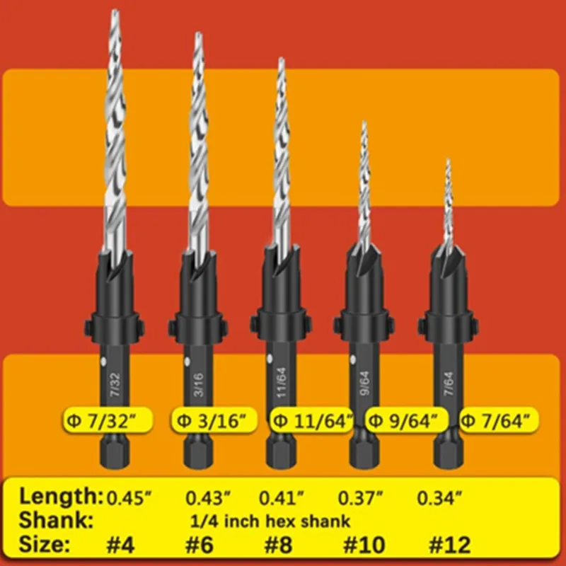 Set Of 5, Countersink Set, Countersink HSS Conical Countersink With 1 Hex Wrench, Woodworking Countersink Bit, 7/64\