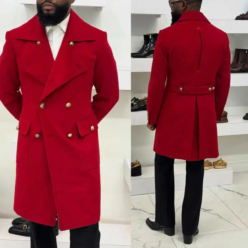 Cappotto lungo da uomo in misto lana bello con risvolto dentellato doppio petto smoking da sposo personalizzato in un unico pezzo