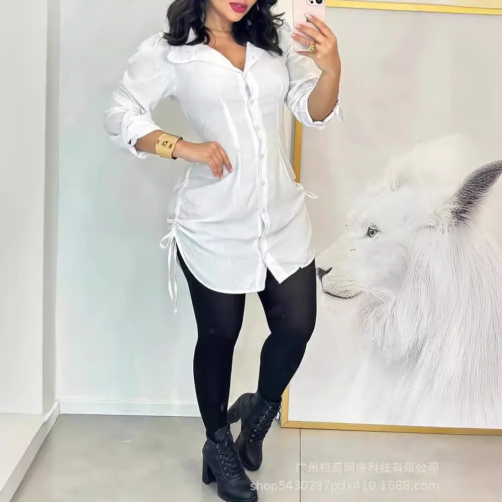 

Shirt Dress for Women Casual Stripe Side Drawstring Buttoned 2024 Summer New Fashion Female Clothing Sexy Dresses Streetwear