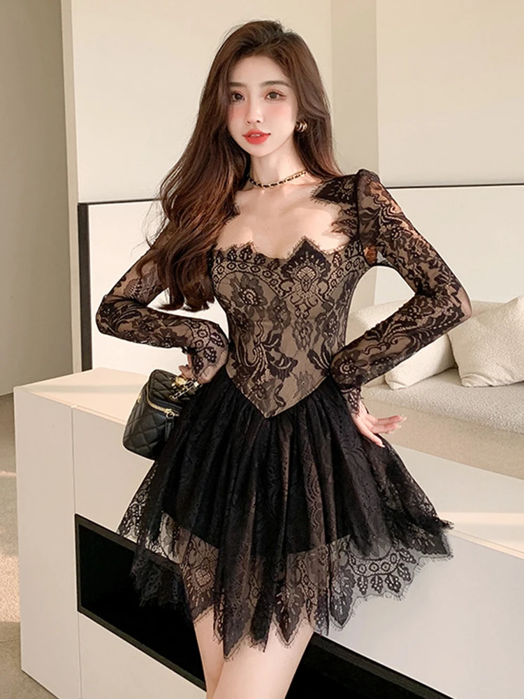 New Fashion Y2K Summer Short a-line Dress Women Chic Sweet Lace Sexy Square Collar Slim Mini Party Birthday Mujer Vestido Street