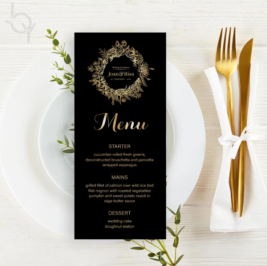 

10/30pcs Personalized Wedding Menu 99x223mm Gold Foil Text Black Table Menu Card Customizable Wedding Menu Card