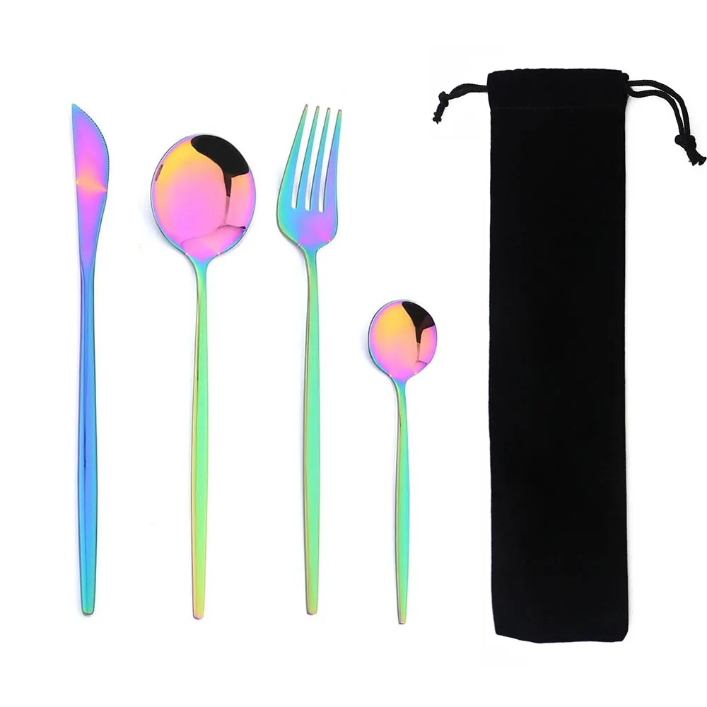 Portable 4Pcs Dinnerware Set Stainless Steel Tableware Cutlery Western Knife Fork TeaSpoon Kitchen Dinner Flatware Set with Bag