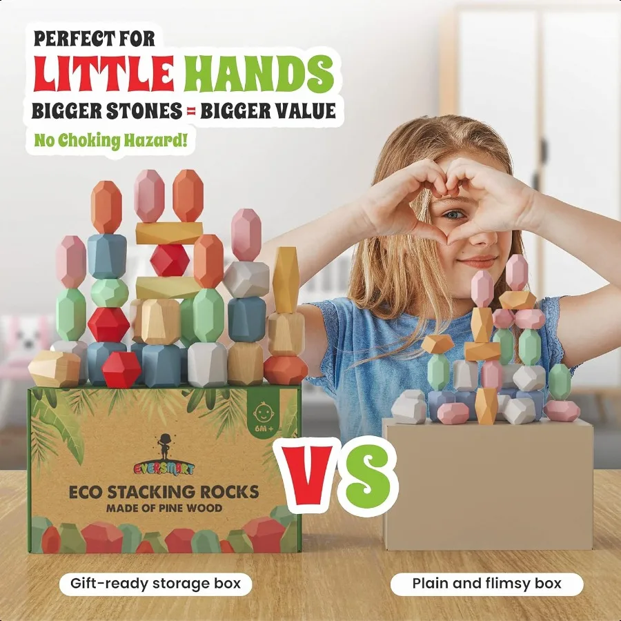36 قطعة كتل التراص الخشبية ألعاب مونتيوري للأطفال الصغار بعمر 2 3 4 5 6 سنوات وصخور XL لا خطر الاختناق الجذعية الحسية Buildi