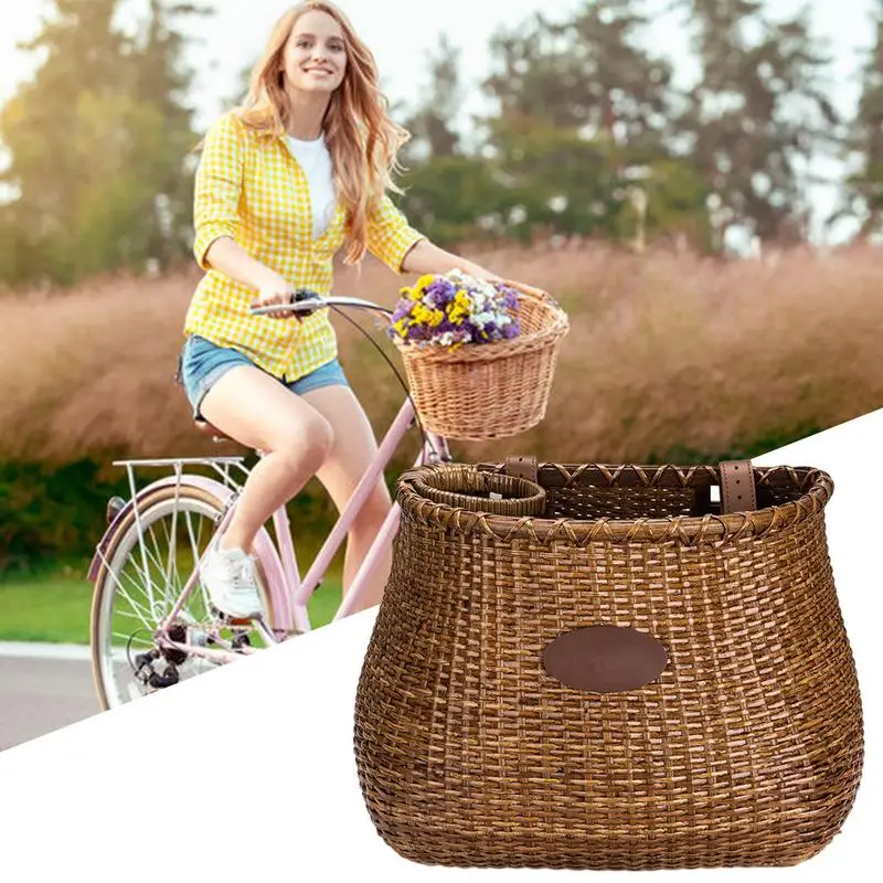 Handmade Woven Rattan Bikes Basket Large Capacity Cycling Basket Bikes Baskets Storage Basket Adjustable Leather Carabiner