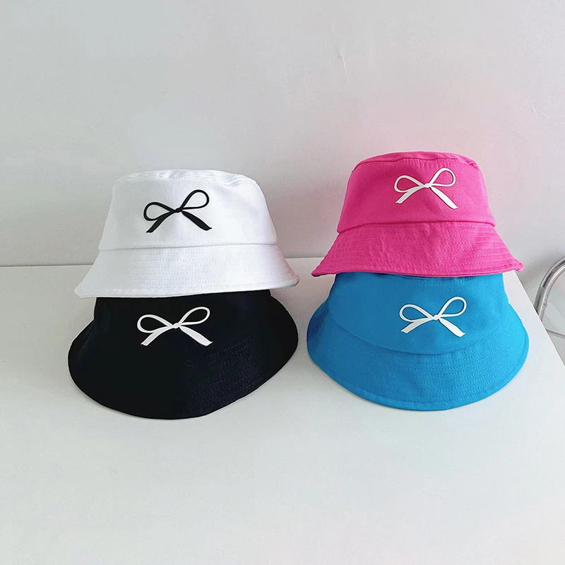 

Bowknot Fisherman Hat For Children Sunshade Bucket Cap Solid Color Baby Basin Caps Cotton 4-10Year Kids Outdoor Wide Brim Visors