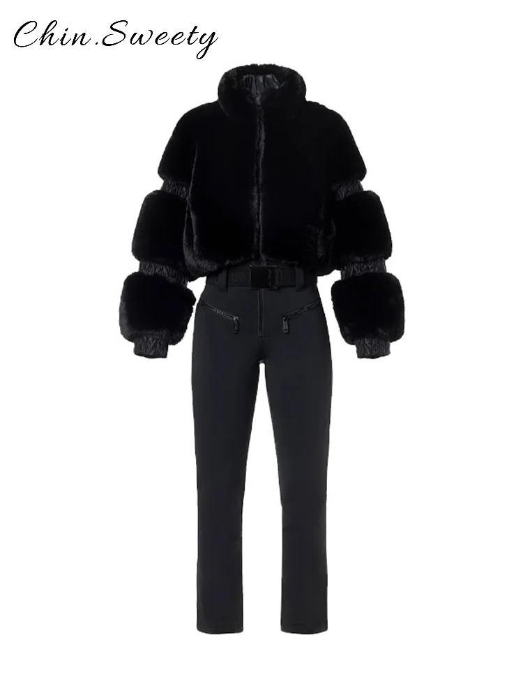 بدلة تزلج نسائية دافئة مرقعة من الفرو بدلة قفز سوداء بياقة واقفة وأكمام طويلة وسحاب وحزام حللا موضة جديدة لعام 2025