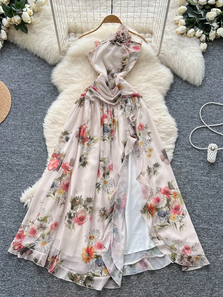 Summer Three-dimensional Flower Sloping Shoulder Suspender Dress Women's New Fashionable Elegant Slit Floral Dress S390