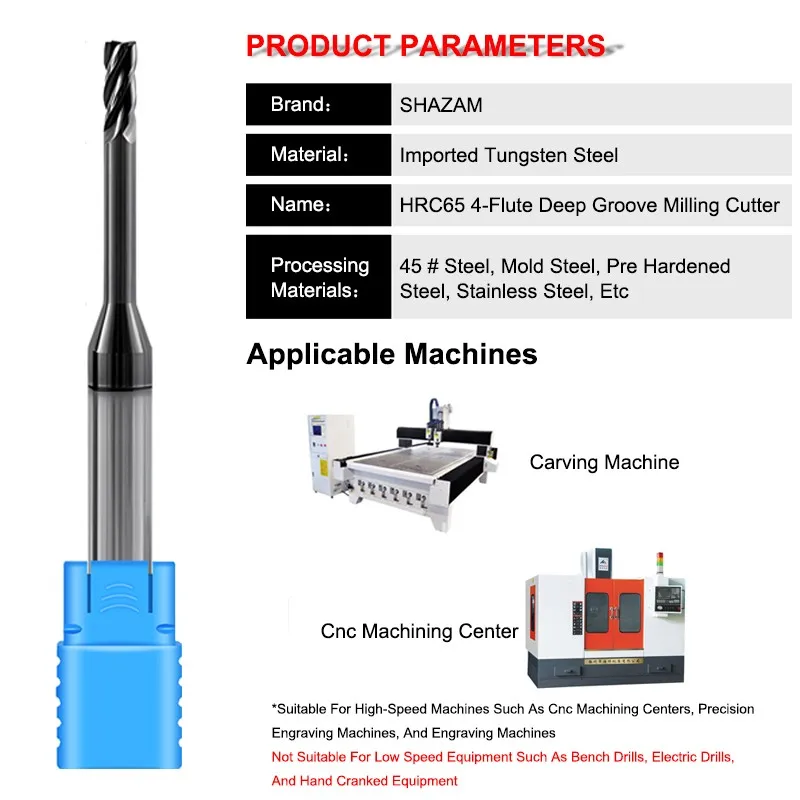 SHAZAM HRC65 4-Flute Lengthening Deep Groove Milling Cutter Tungsten Steel Carbide Black Nano Coating For CNC Machining Endmills