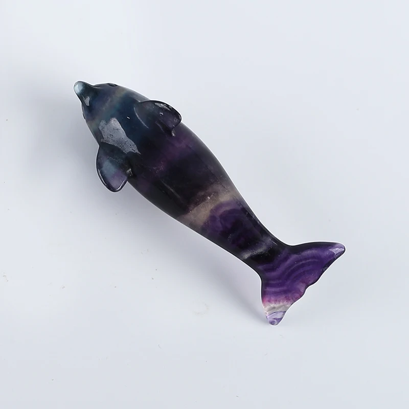 Animal Ornament Natural Stone Rainbow Fluorite Carved Dolphin For Decoration Gemstones Jewelry Pendant Free Drilling 80x28x19mm