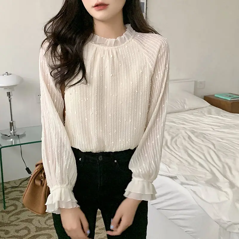 Office Lady Sweet Lantern Sleeve Shirt Spring Autumn O-Neck Women\'s Clothing Fashion Ruffles Spliced Korean Solid Color Blouse