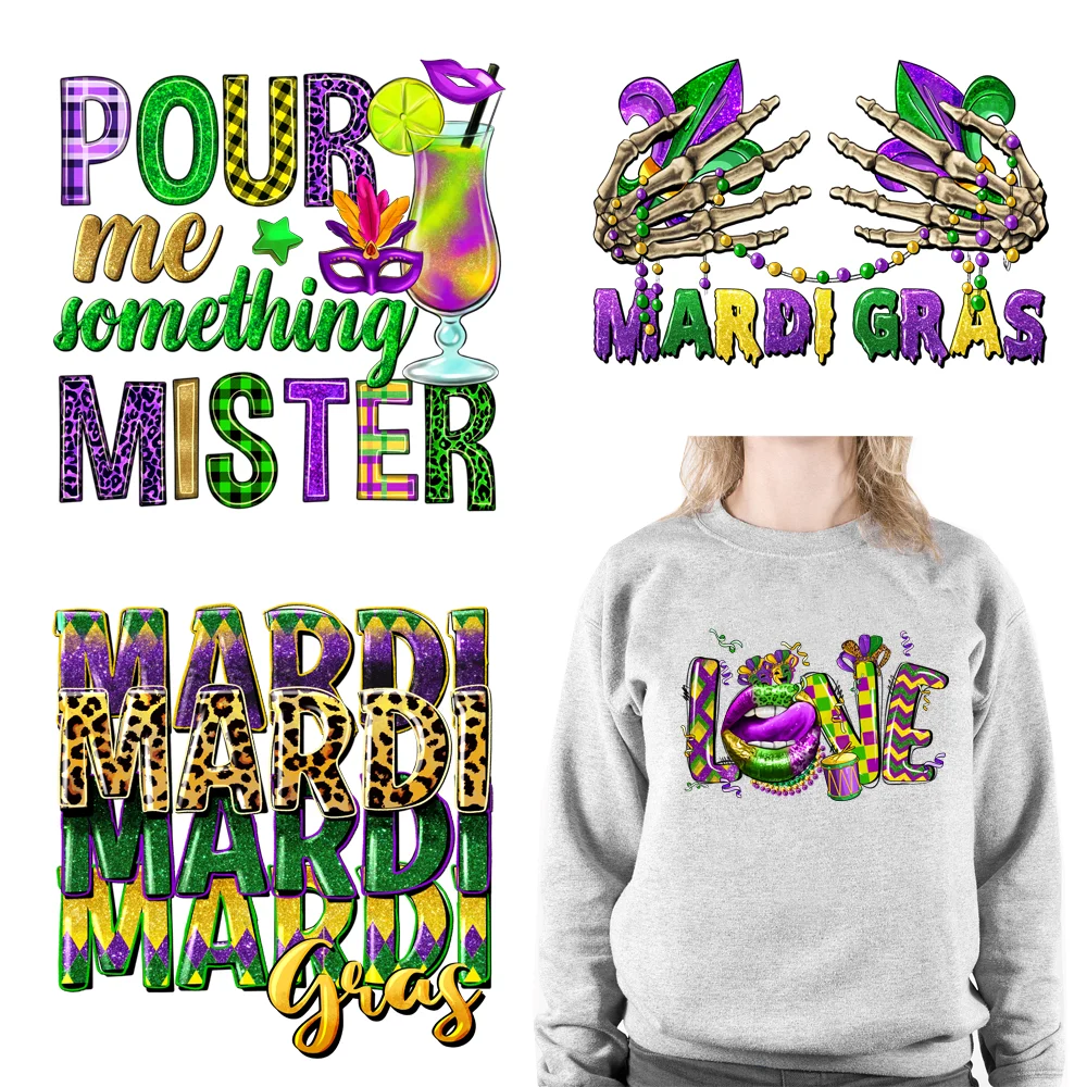 

Happy Mardi Gras Festival Printing Louisiana Appliques Iron On DTF Peace Love Transfers Stickers Ready To Press For Clothing