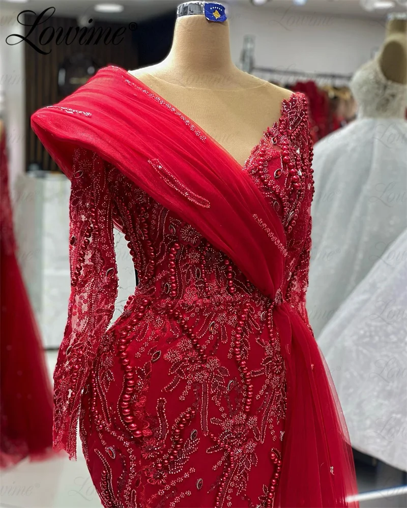 Abendkleider-Robe de soirée rouge perlée pour femme, design Dubaï, grande taille, manches longues, robe de gala éducative, robe de soirée sirène, luxe, 2023