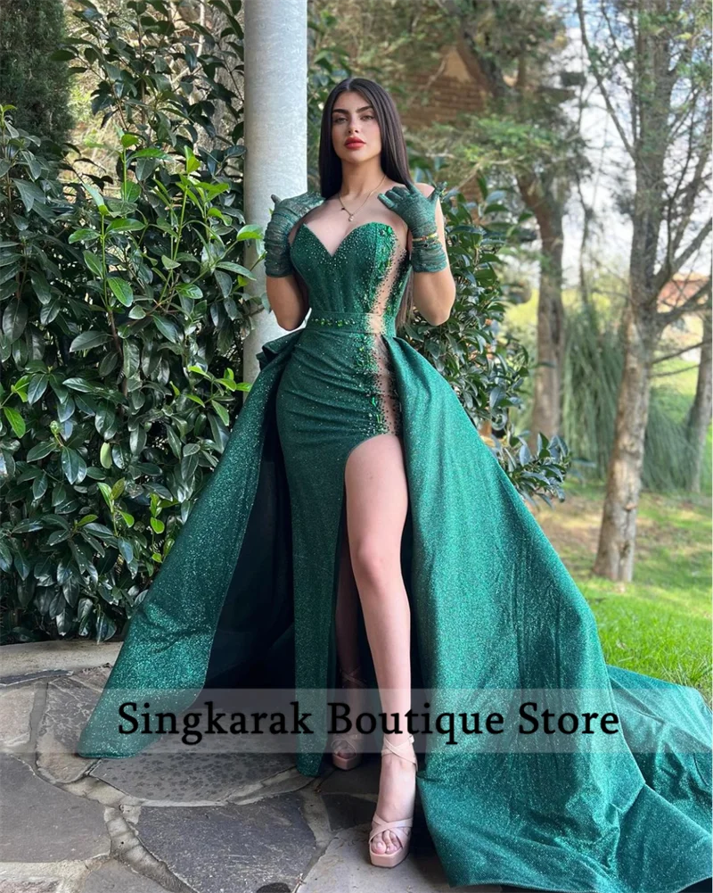 Glitter Green Evening Dresses With Detachable Train Shiny Beading Crystals Pearls Wedding Party Banquet Dance Gowns Customized