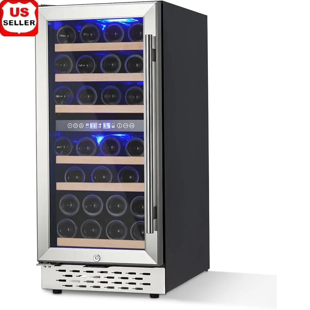 ثلاجة تبريد النبيذ ذات المنطقة المزدوجة بسعة 28 زجاجة، باب زجاجي، تحكم رقمي في درجة الحرارة، أرفف قابلة للتعديل، قائمة بذاتها